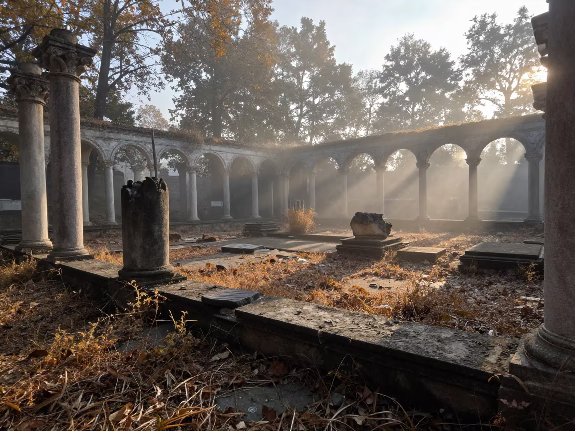 Pearl Fog Ruin Cloister Autumn Light in among toppled columns and nettles in Sichuan