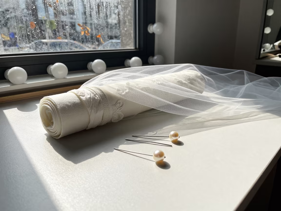 Pearl Pins and Veil in Ningbo Backstage in beside a mirror lined with makeup bulbs near Ningbo