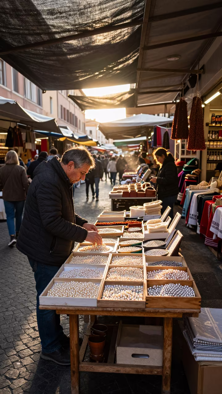 Pearl Sorting at Campo de Fiori Market in at a textile trader's stall in Campo de' Fiori, Rome