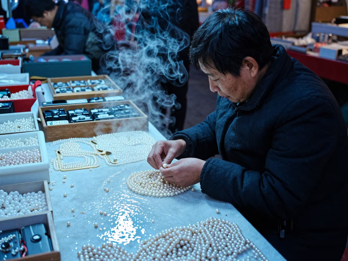 Pearl Sorting Vendor at Jinan Market Stall in at a textile trader's stall in Jinan