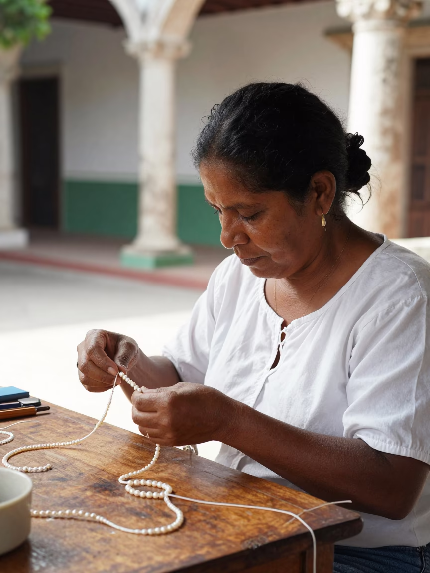 Pearl Stringing Artisan in Bright Midmorning Light in Cartagena Colombia in in Cartagena, Colombia