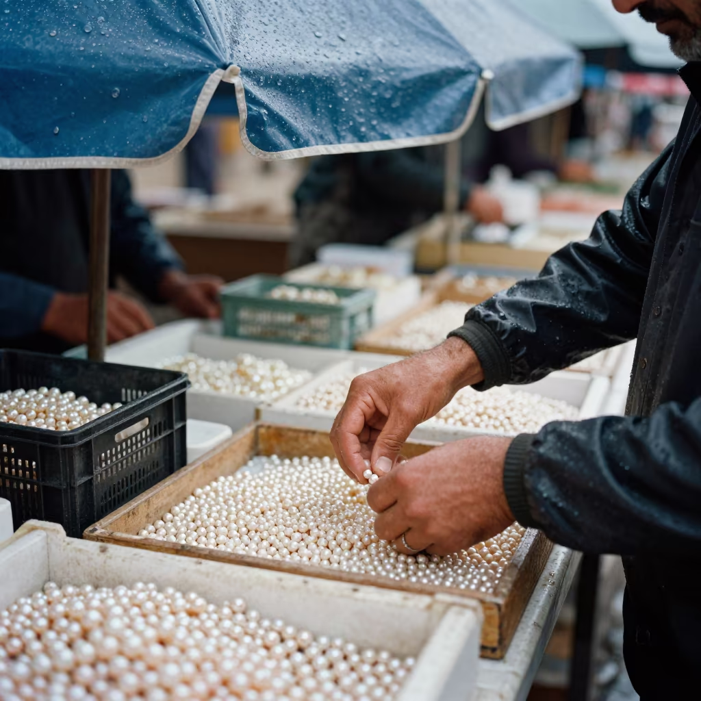 Pearl Vendor Sorting Market Goods in Qena in in a flea market lane in Qena