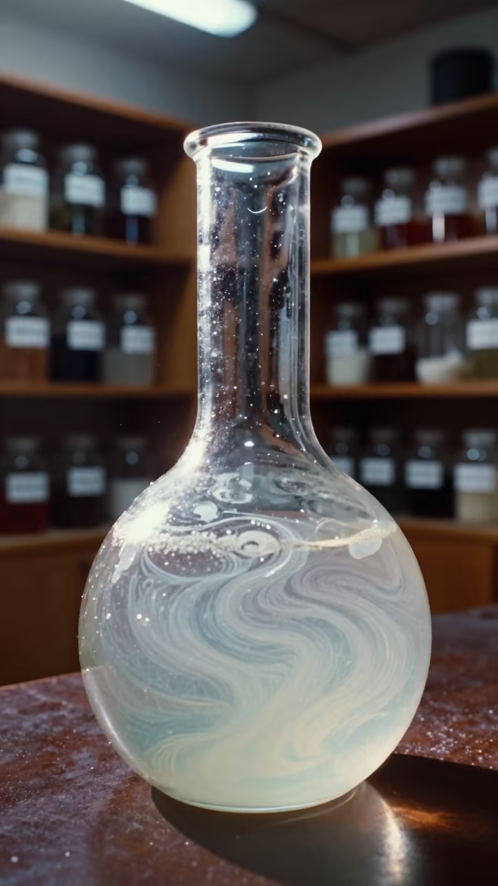 Pearlescent Flask Swirling in Archive Lab in in a specimen archive room near Victoria Seychelles