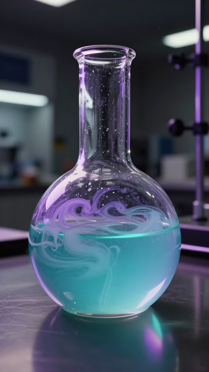 Pearlescent Flask Swirling in Tokyo Lab Midnight in inside a clean room near Tokyo