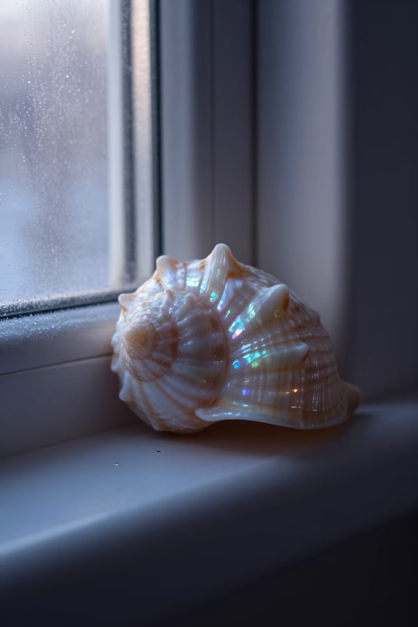 Pearlescent Seashell Whorls on Frosty Window in along a frost-edged windowpane near Semey