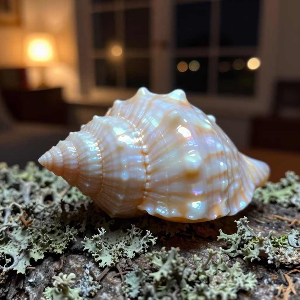 Pearlescent Seashell Whorls on Lichen Bark in on lichen-covered bark in Guangzhou