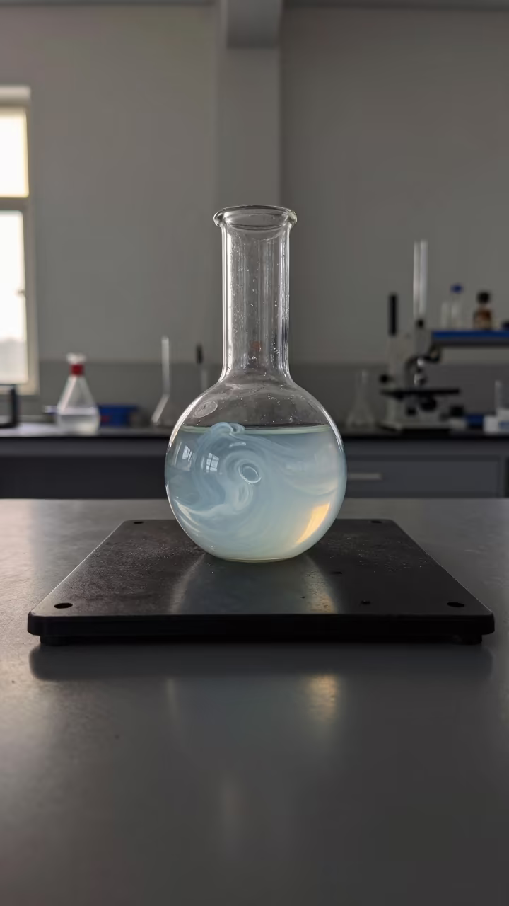 Pearlescent Suspension Swirling in Lab Flask in in a fossil prep lab near Cuttack