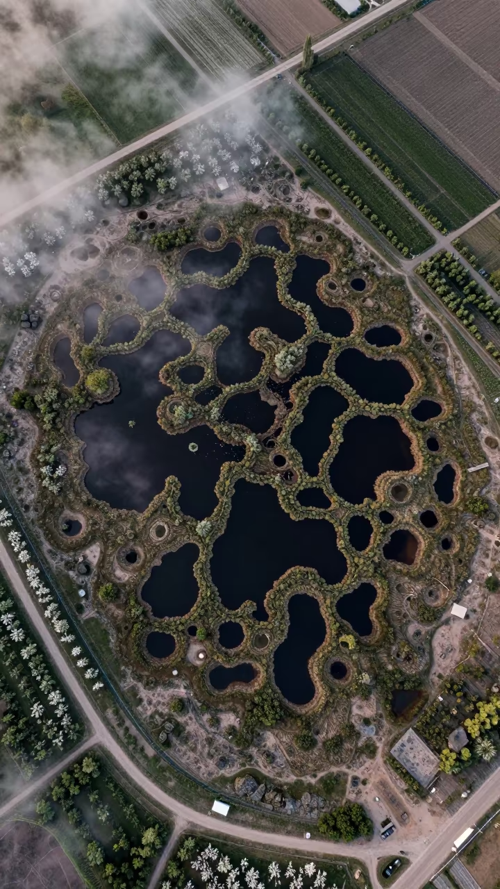 Peat Bog Pools Above Orchards at Night in far above orchard blocks and irrigation lines near Mazar-i-Sharif