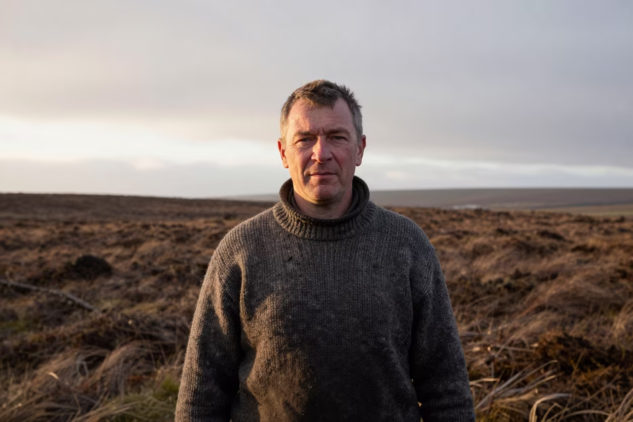 Peat Cutter Portrait on Irish Bog at Dawn in in Enugu