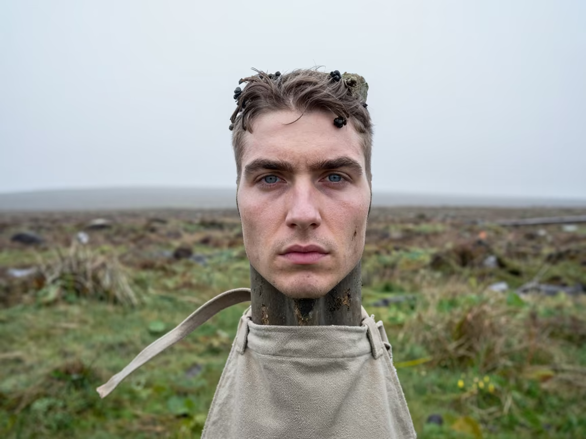Peat Cutter Portrait on Windswept Irish Bog in at a harbor edge in Port Elizabeth