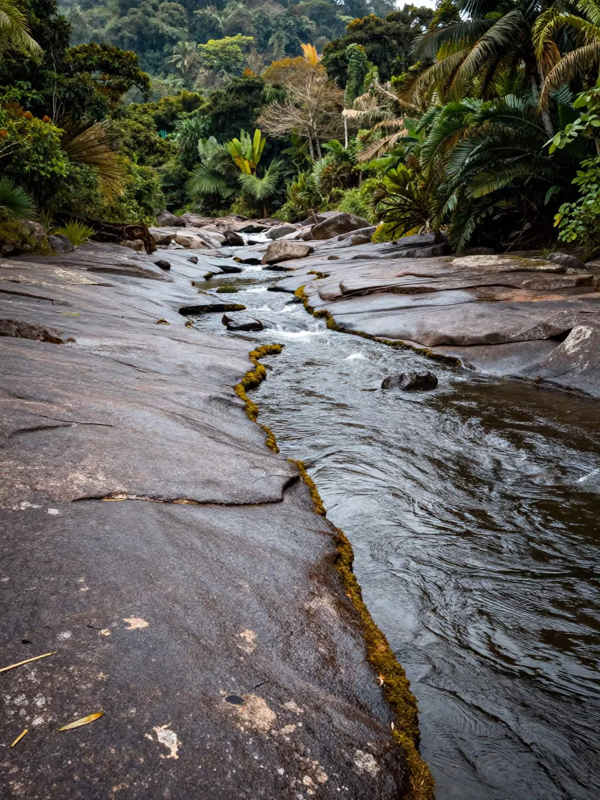 Peat River Flowing Over Granite in Tropical Light in across a wide valley floor near Colón