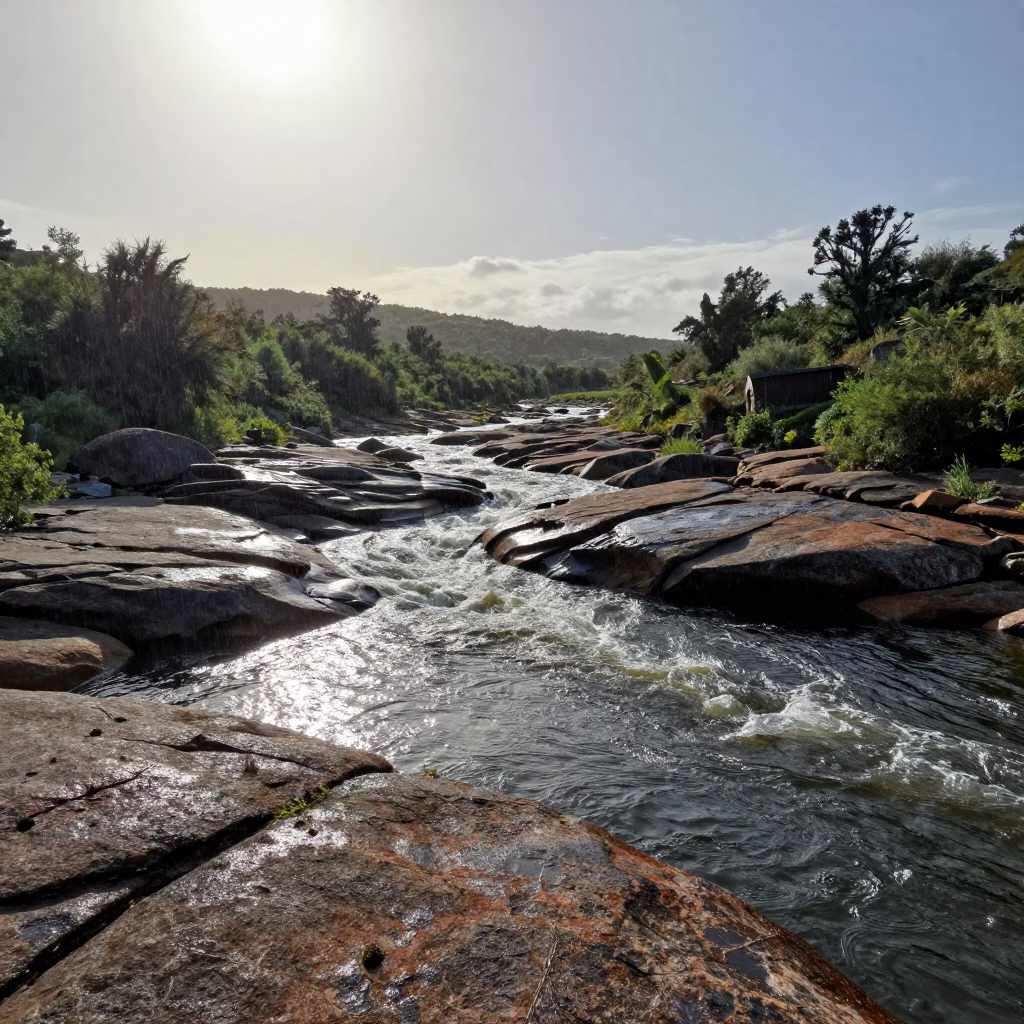 Peat River Flows Over Granite in French Valley in across a wide valley floor in France