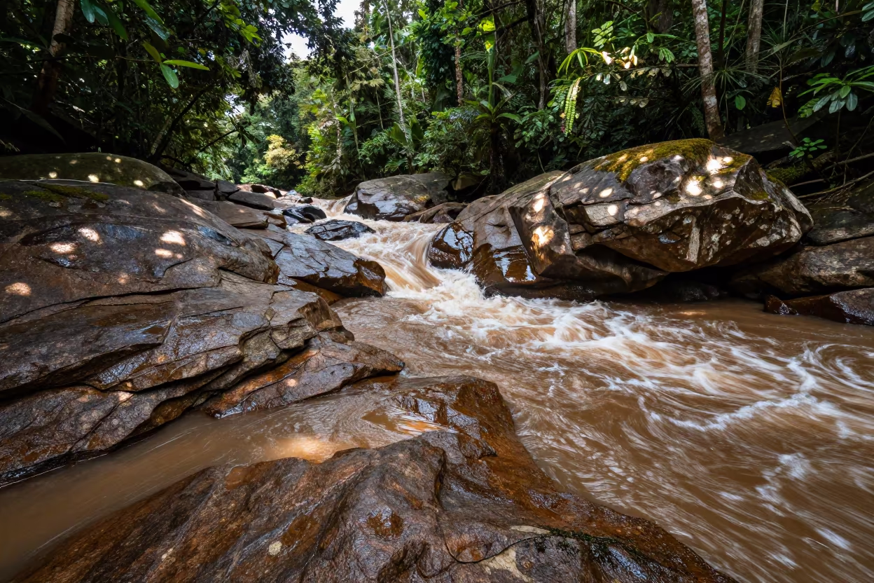 Peat River Flows Over Granite in Bahia Forest in in Bahia