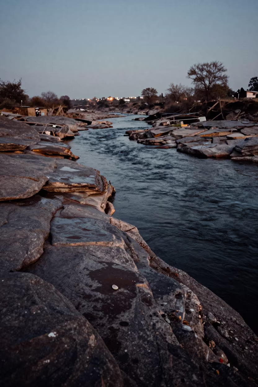 Peat River Flows Over Granite Slabs at Dusk in across a wide valley floor near Jaranwala
