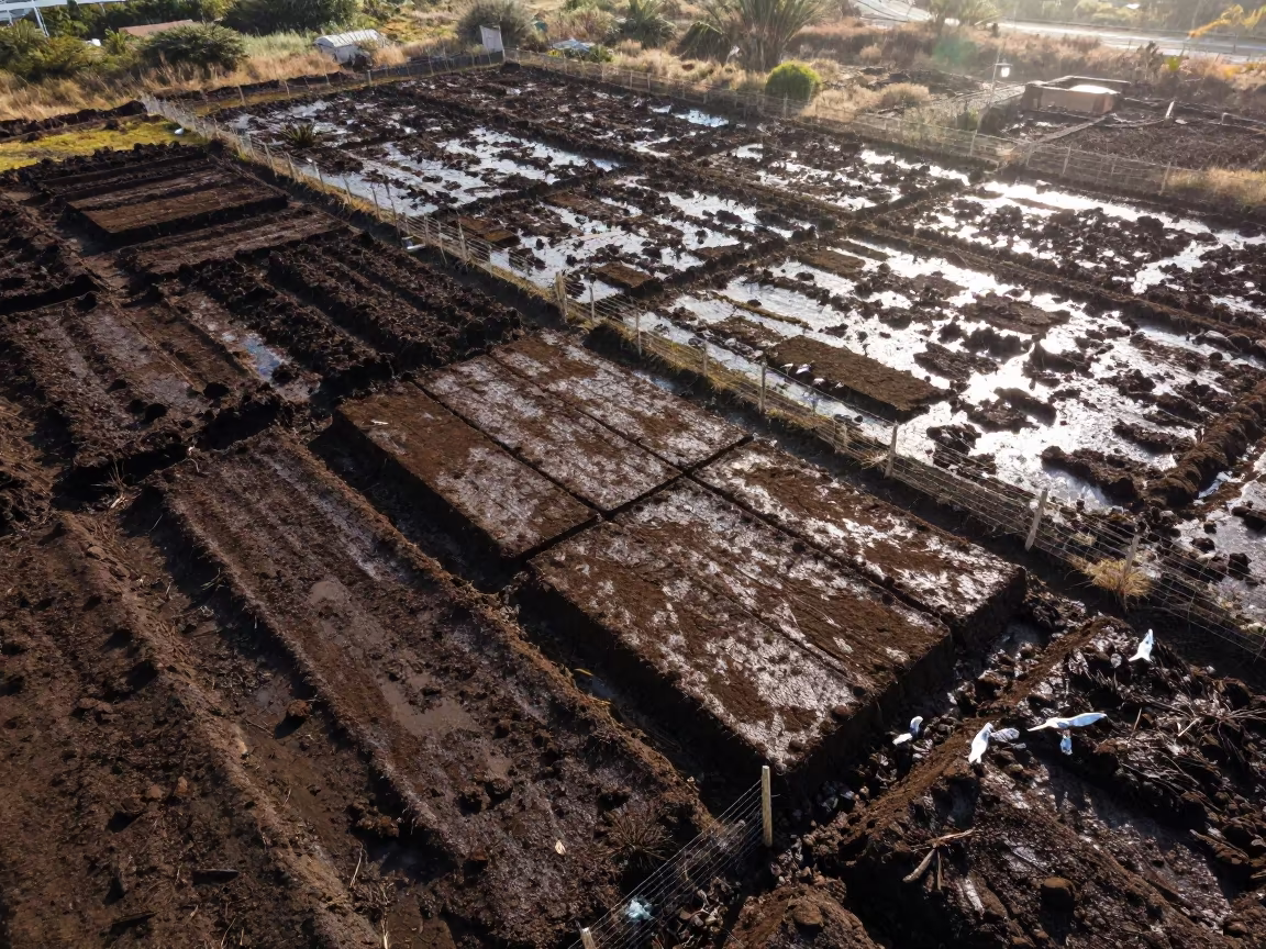 Peat Slabs Drying on Wire Fence in Monaco Bog in in Monaco
