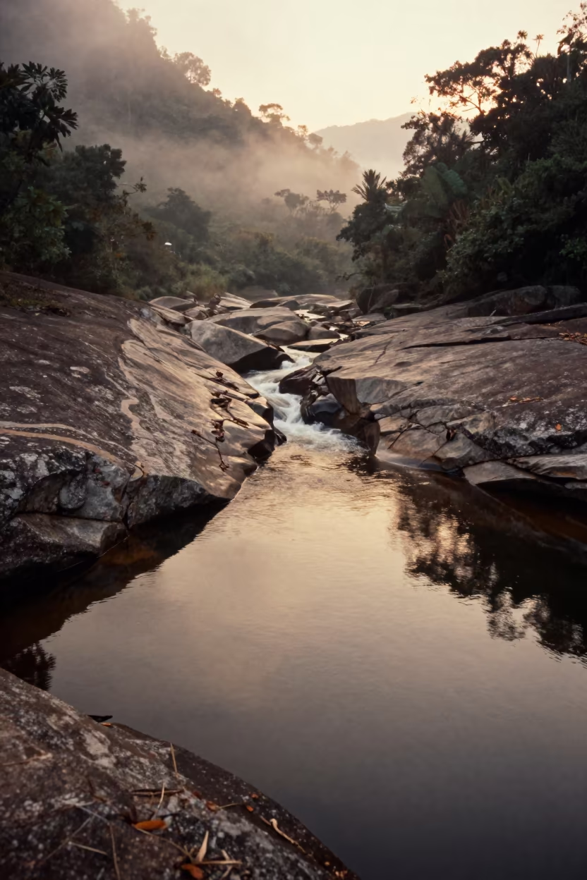 Peat Stained River Flows Over Granite Slabs in across a wide valley floor in Rio de Janeiro state