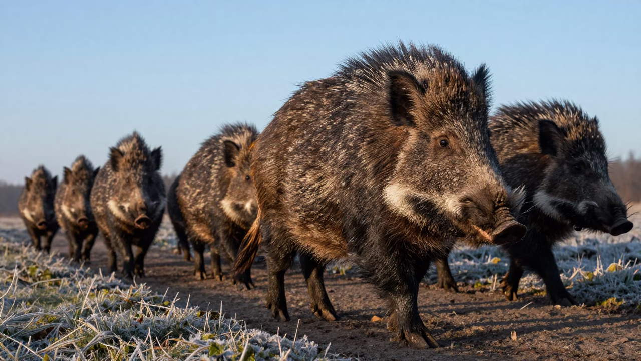 Peccary Herd Crossing Trail at Sunrise in in Luxembourg