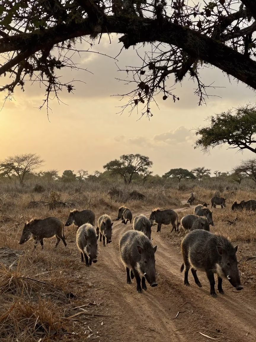 Peccary Herd Crossing Trail at Sunset in along a game trail in Comoros