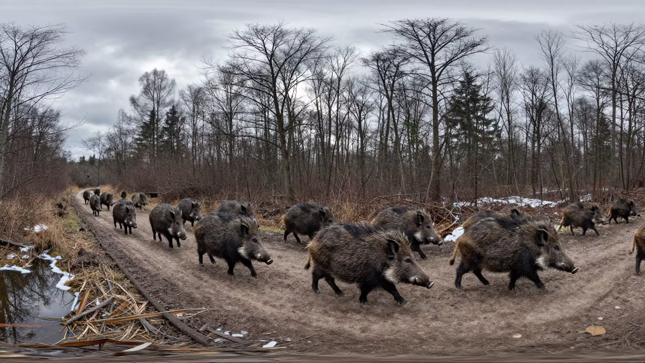 Peccary Herd Crossing Trail in Winter Saxony in in Saxony