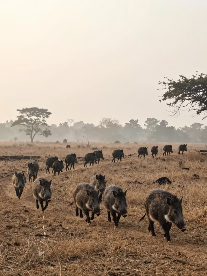 Peccary Herd Crosses Wind-Scoured Kerala Ridge at Dawn in on a wind-scoured ridge in Kerala