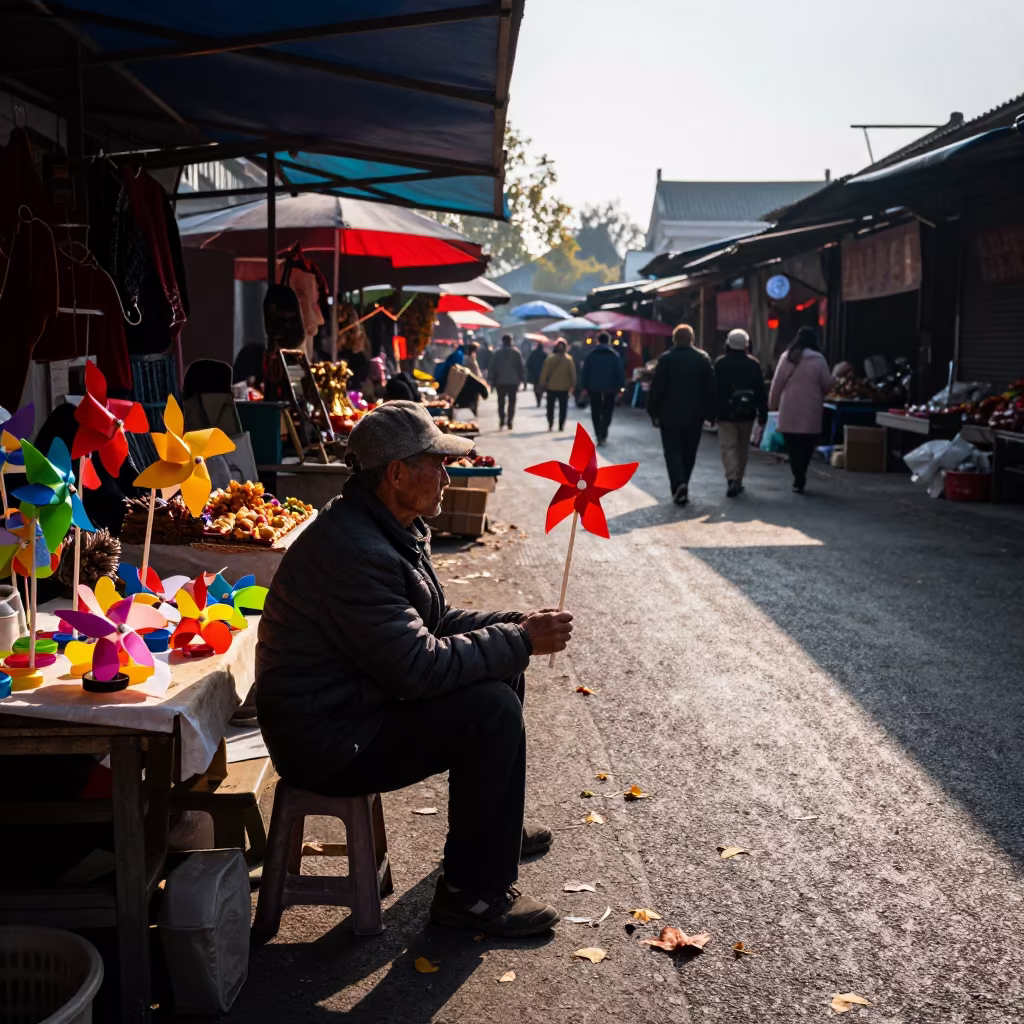 Peddler with Windmills at Guiyang Morning Market in at a market stall in Guiyang