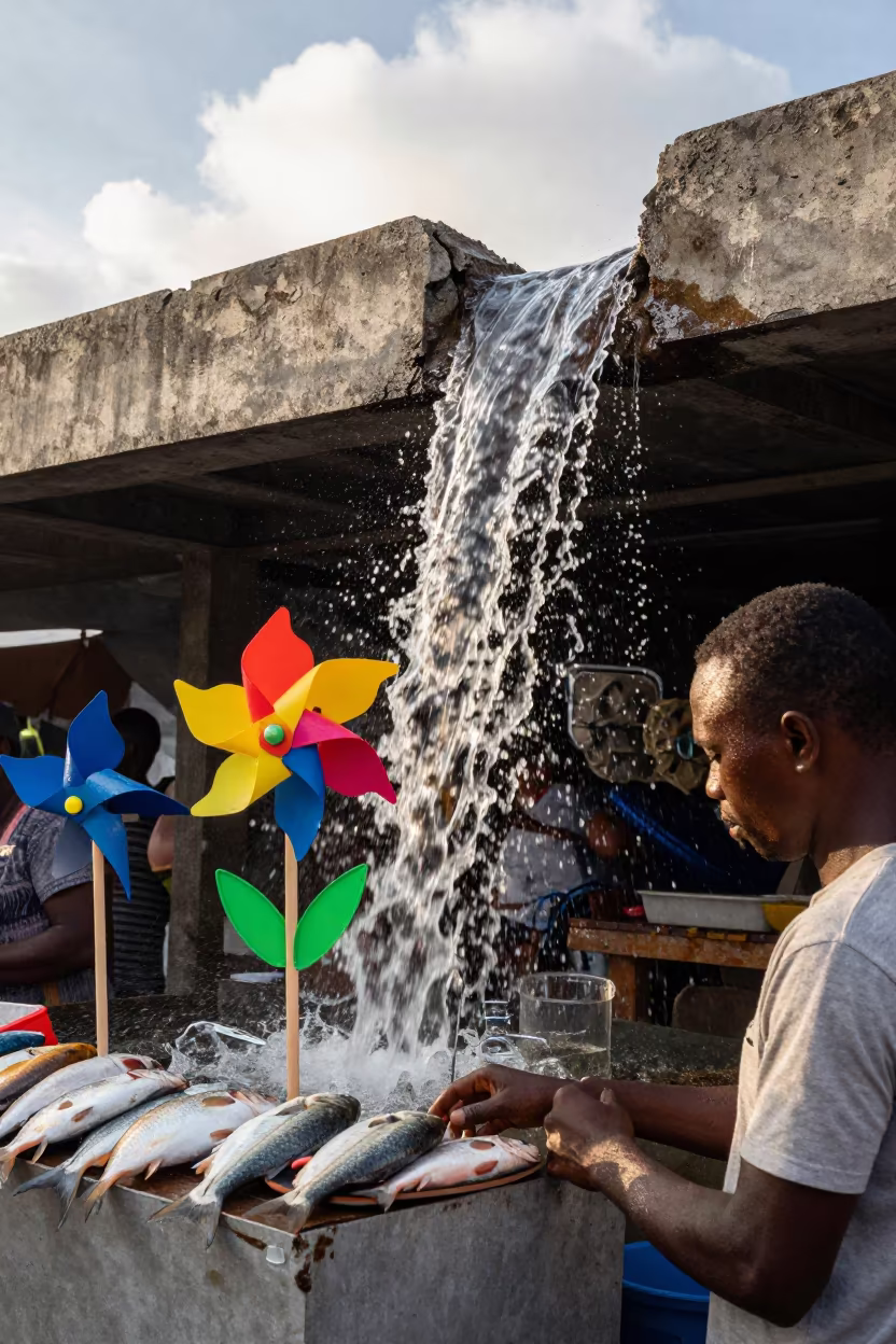 Peddler Windmills Morning Market Pointe Noire in beside a fish counter in Pointe-Noire