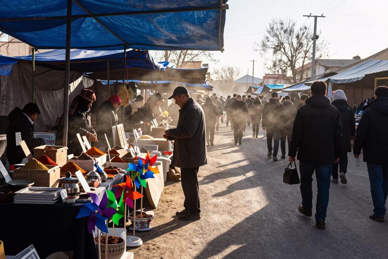 Peddler with Windmills in Morning Market Shadow in in a flea market lane in Atyrau