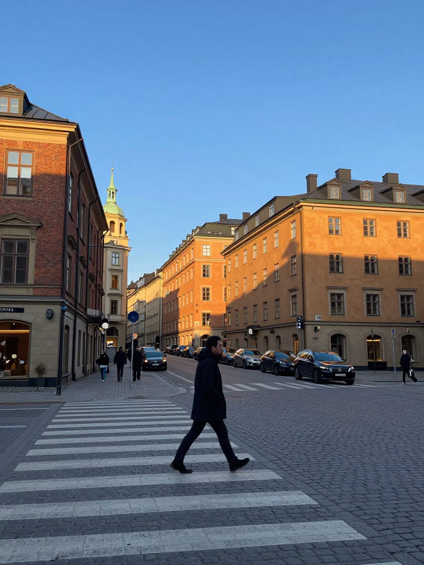 Pedestrian Crossing in Stockholm at Clear Late-afternoon Light in in Stockholm, Sweden