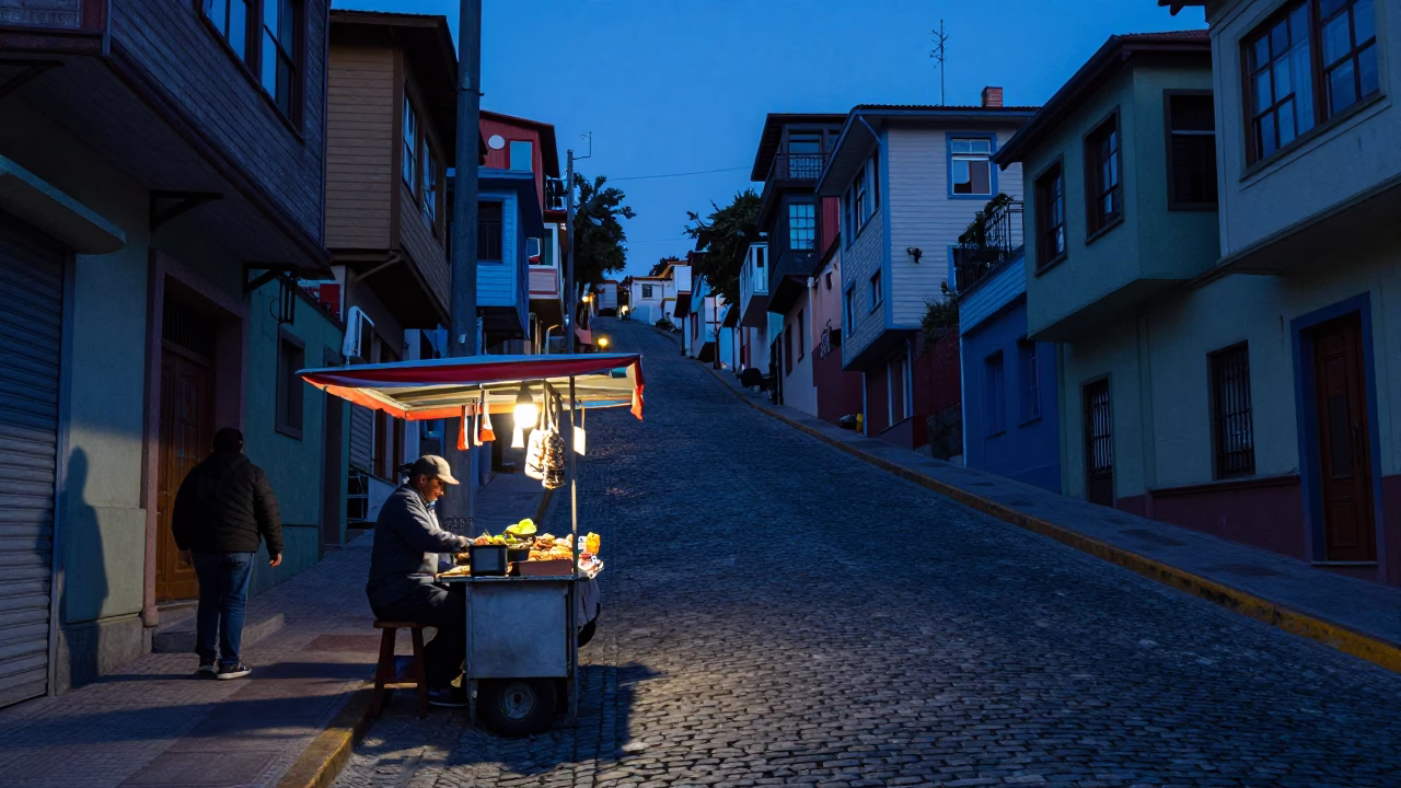 Pedestrian in Valparaiso at Blue Hour in in Valparaiso, Chile