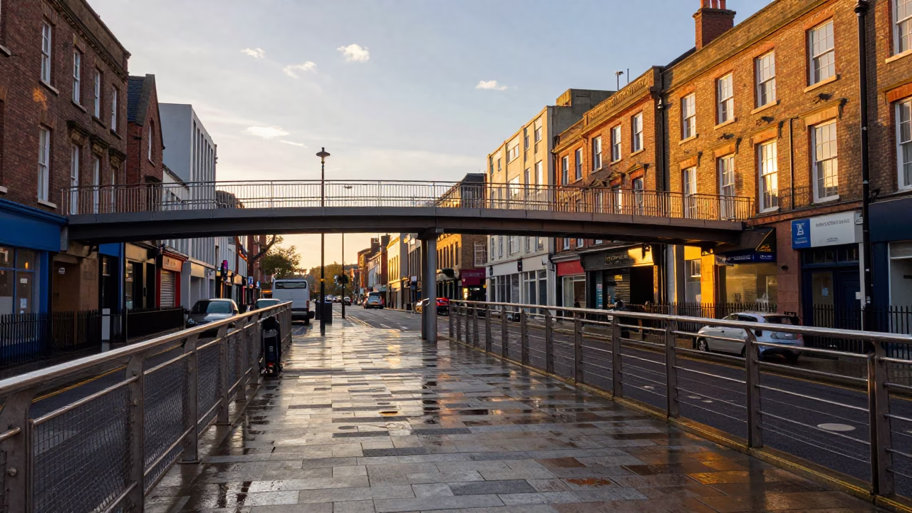 Pedestrian Overpass and Wet Footsteps in Honeyed Evening Light Bristol UK in in Bristol, United Kingdom
