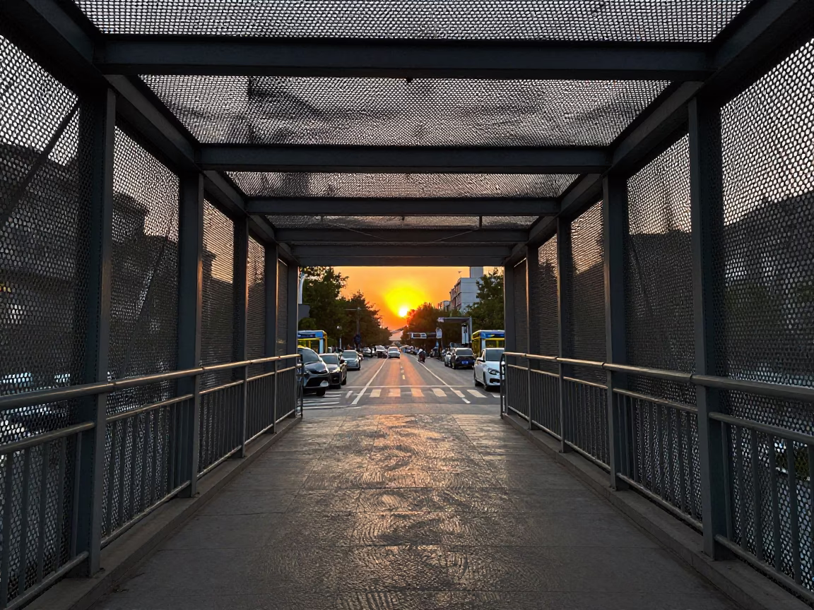 Pedestrian Overpass at As The Sun Drops Toward The Horizon in Beijing in in Beijing, China