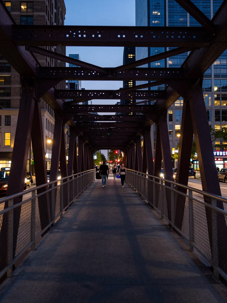 Pedestrian Overpass at Indigo Twilight After Sunset in Chicago in in Chicago, Illinois, United States