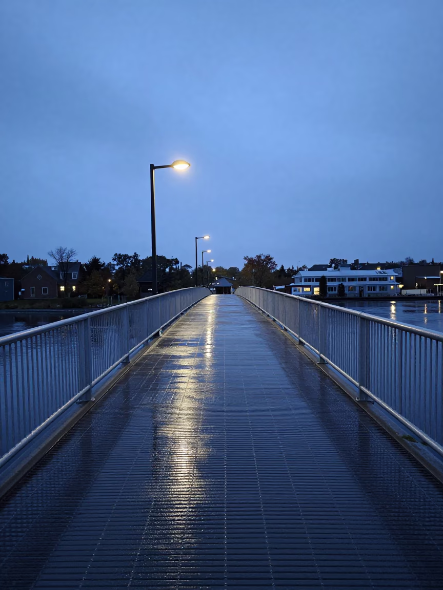 Pedestrian Overpass at Nautical Dawn in Montreal Quebec with Wet Footsteps in in Montreal, Quebec, Canada