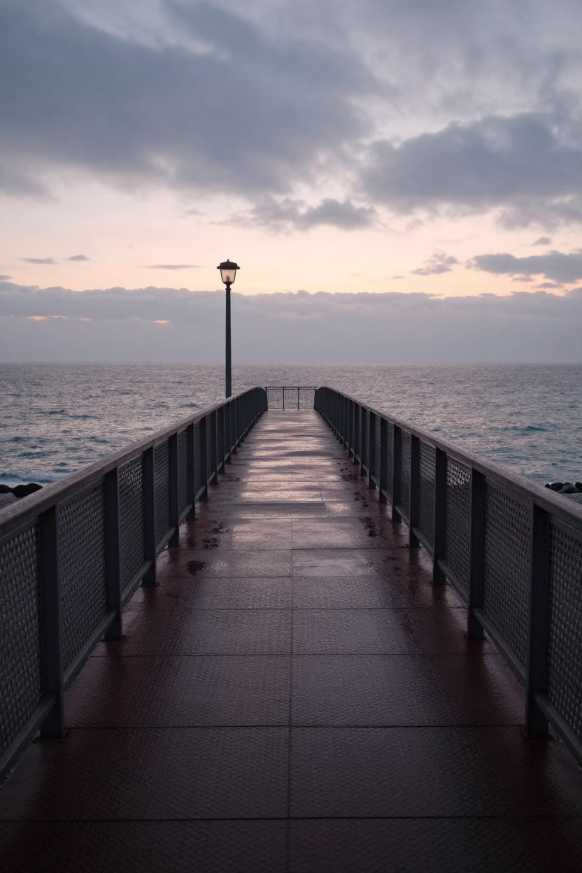 Pedestrian Overpass at Nautical Dawn in Nice France with Wet Footsteps in in Nice, France