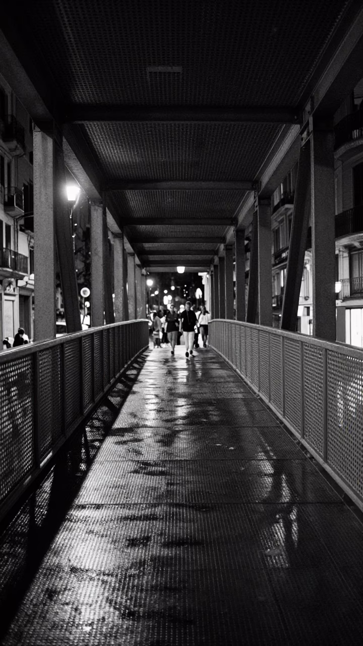 Pedestrian Overpass in Barcelona at Late At Night Light in in Barcelona, Spain