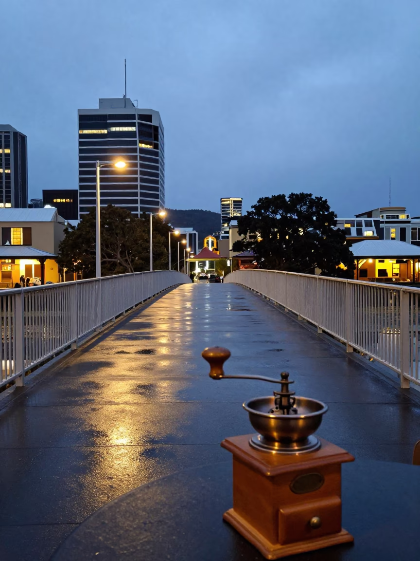Pedestrian Overpass in Hobart at As City Lights Begin To Glow in in Hobart, Tasmania, Australia