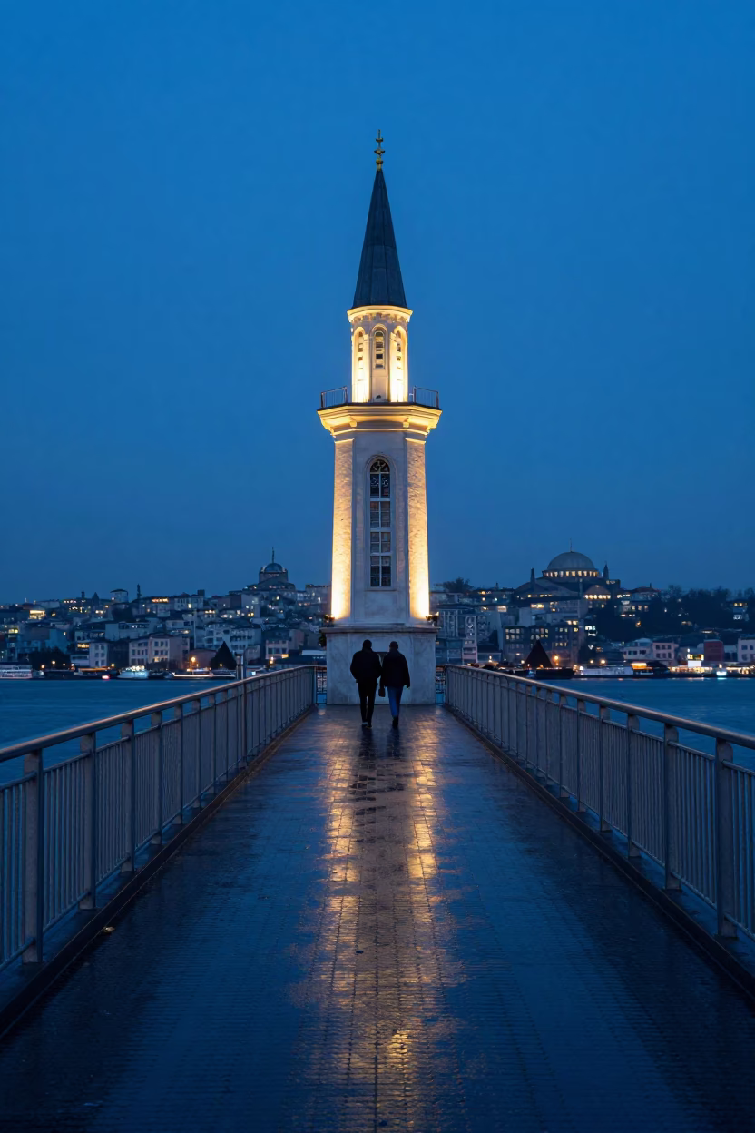 Pedestrian Overpass in Istanbul at Nautical Dawn Light in in Istanbul, Turkey