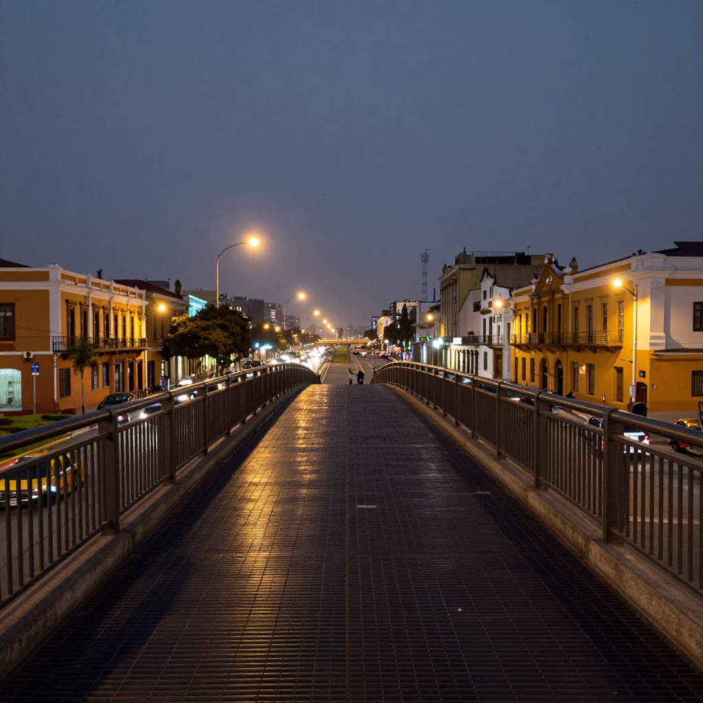 Pedestrian Overpass in Lima at As City Lights Begin To Glow in in Lima, Peru