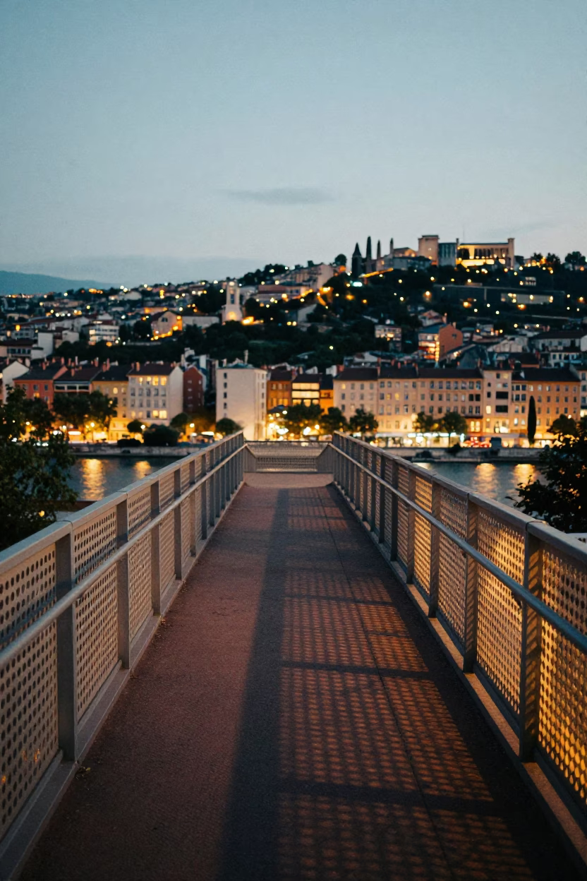 Pedestrian Overpass in Lyon at As City Lights Begin To Glow in in Lyon, France