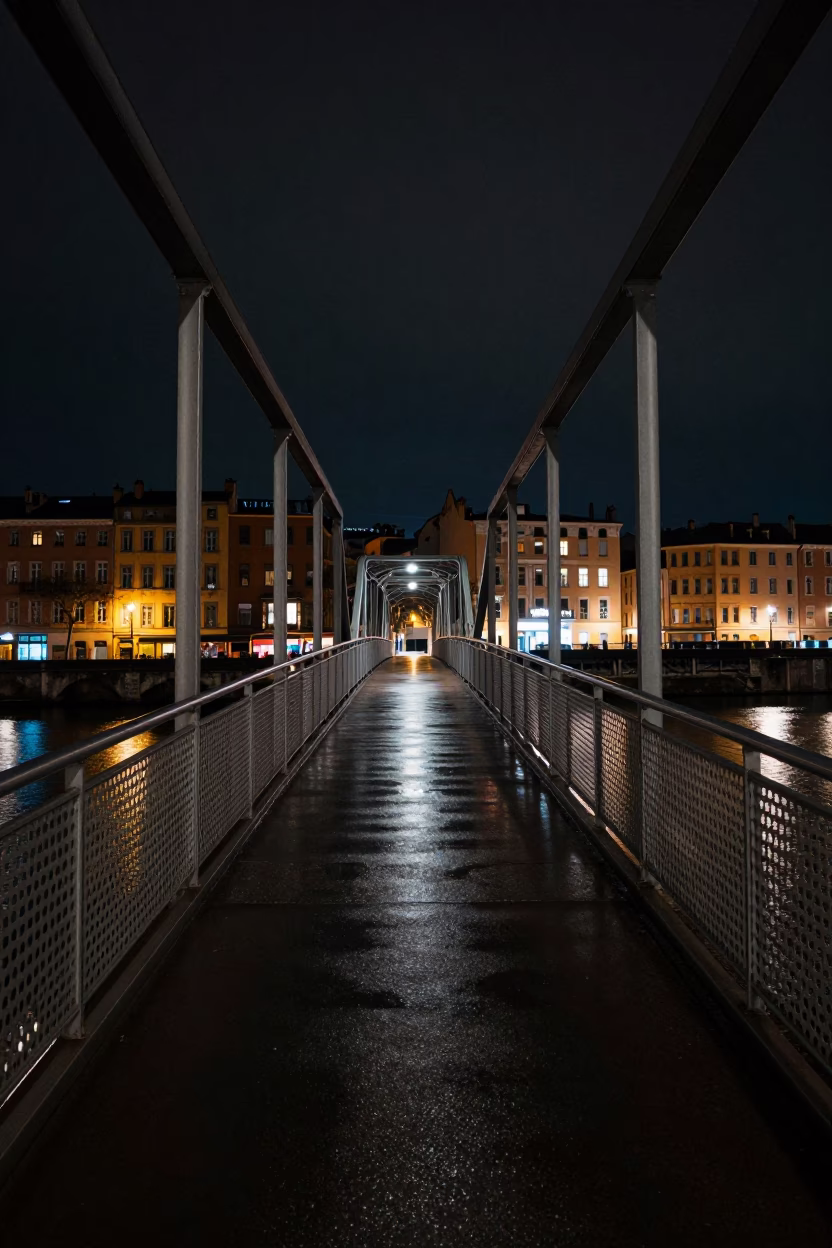 Pedestrian Overpass in Lyon at Deep In The Night Light in in Lyon, France