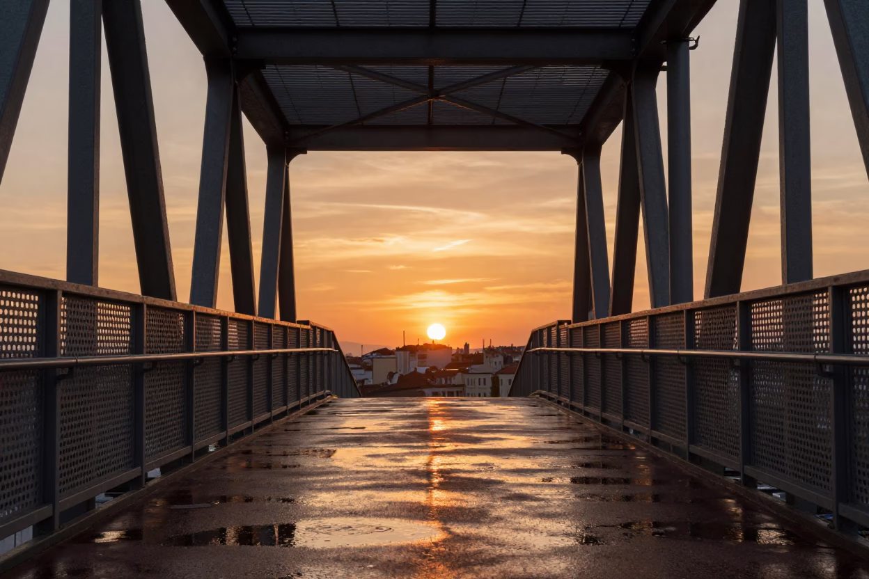 Pedestrian Overpass in Lyon at Sunset Light in in Lyon, France