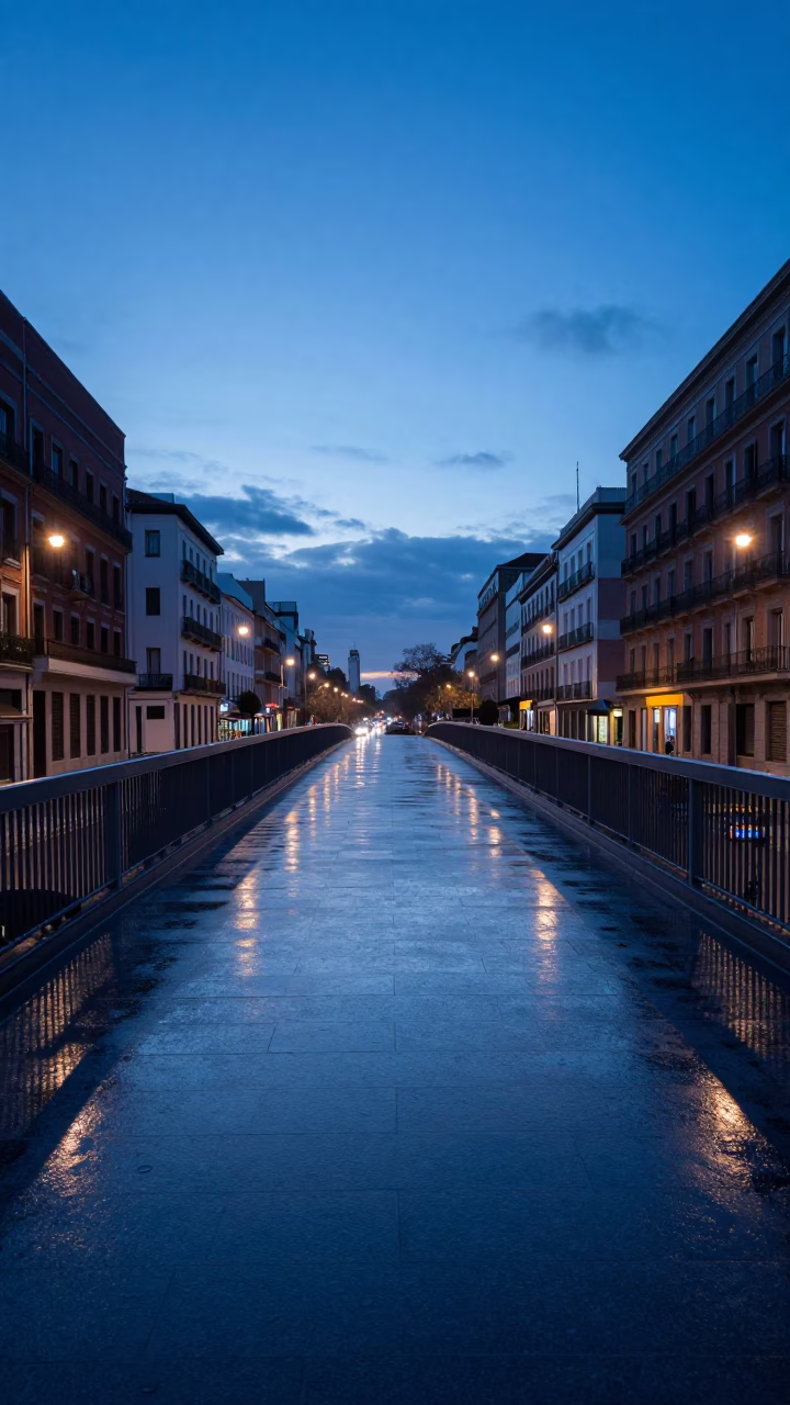 Pedestrian Overpass in Madrid at Sunrise Light in in Madrid, Spain