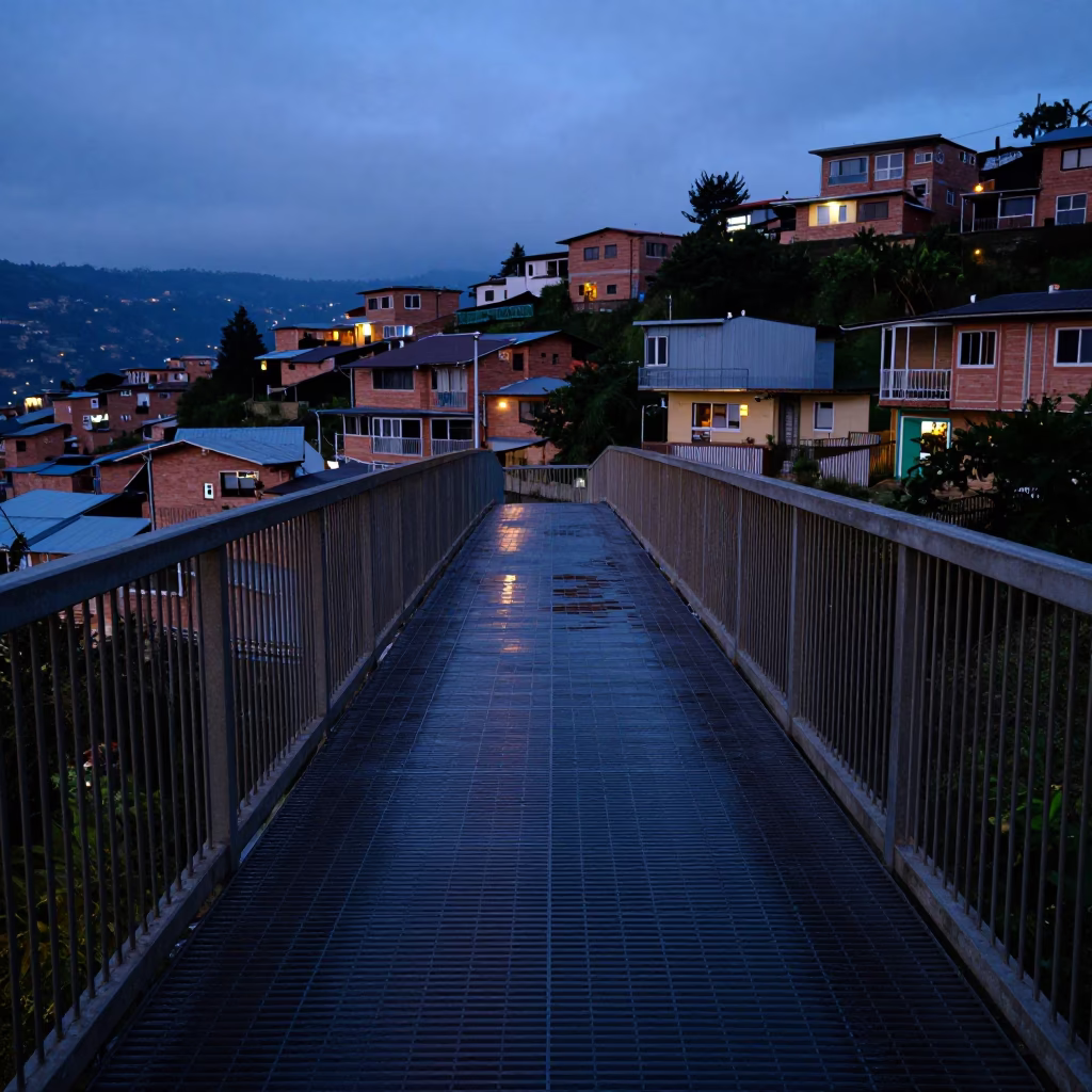 Pedestrian Overpass in Medellin at Indigo Twilight After Sunset in in Medellin, Colombia