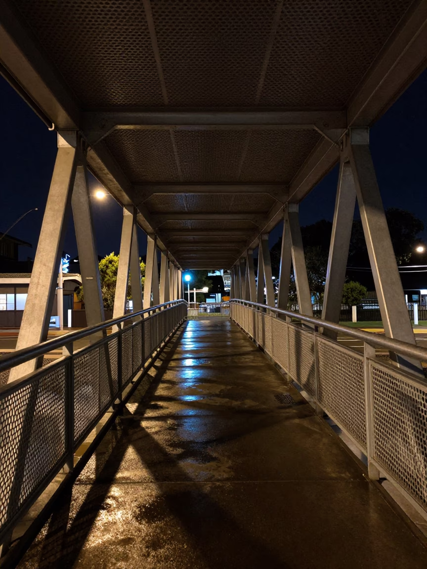 Pedestrian Overpass in Perth at Deep In The Night Light in in Perth, Western Australia, Australia
