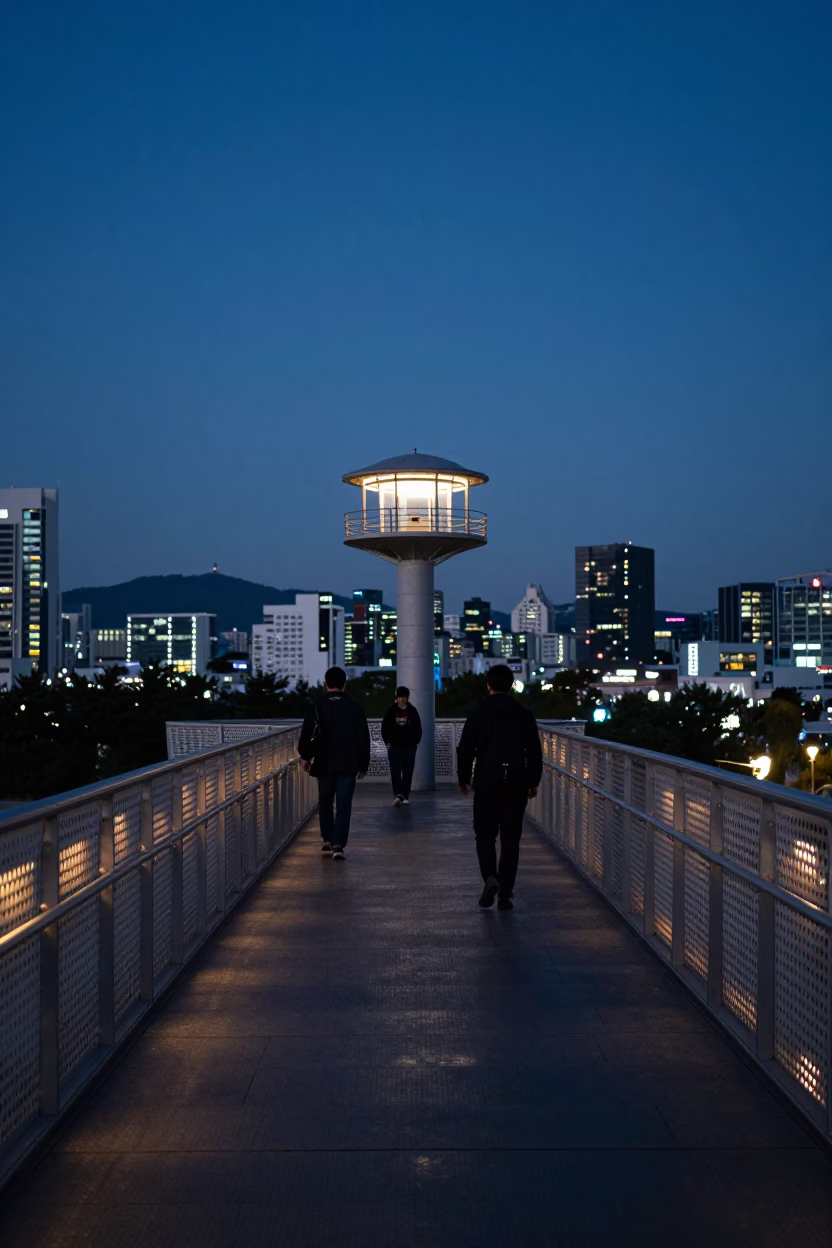 Pedestrian Overpass in Seoul at Nautical Dawn Light in in Seoul, South Korea