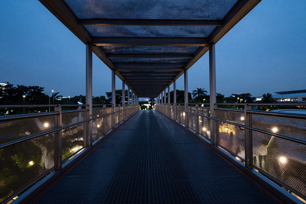 Pedestrian Overpass in Singapore at The Still Hours Before Dawn Light in in Singapore, Singapore