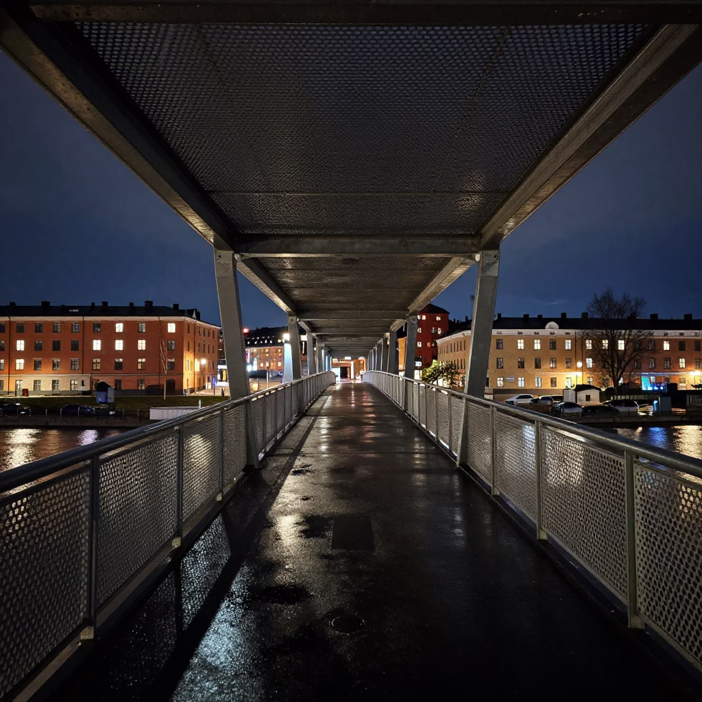 Pedestrian Overpass in Stockholm at Deep In The Night Light in in Stockholm, Sweden