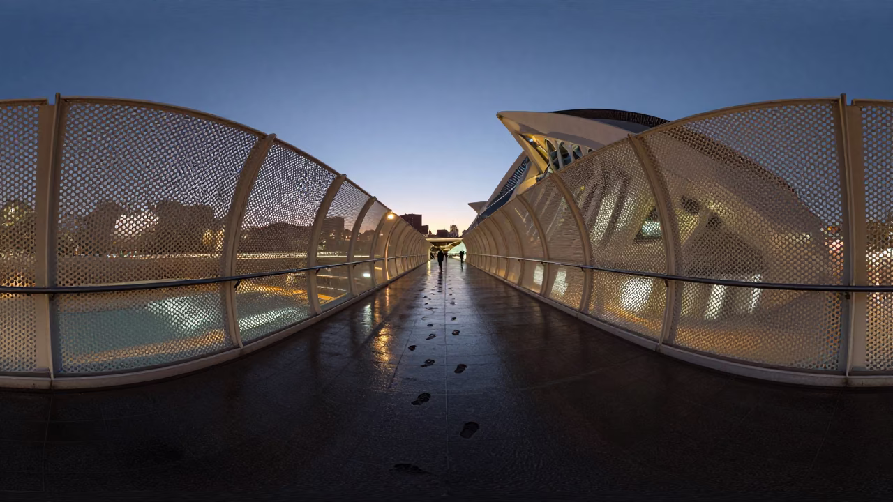 Pedestrian Overpass in Valencia Spain Predawn Darkness with Wet Footsteps on Perforated Metal in in Valencia, Spain