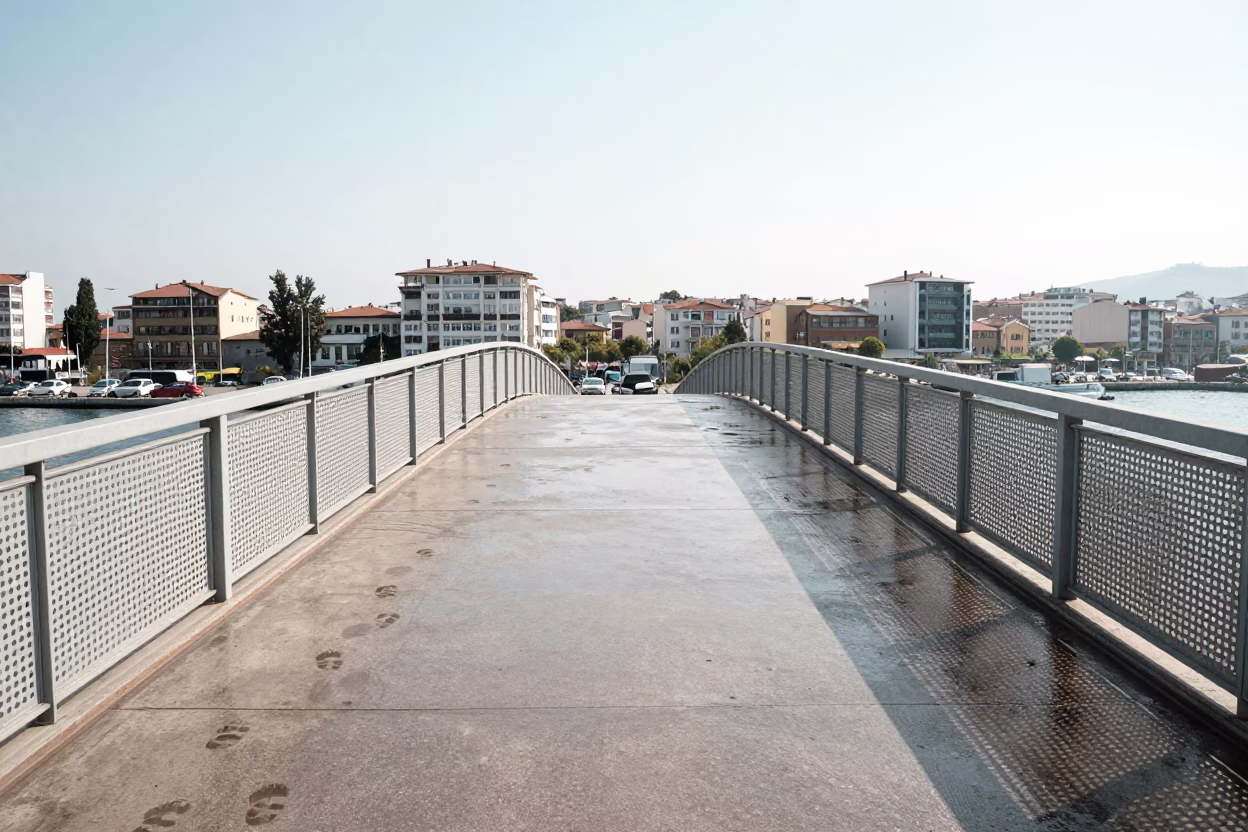 Pedestrian Overpass of Perforated Metal and Wet Footsteps at Noon in Izmir Turkey in in Izmir, Turkey
