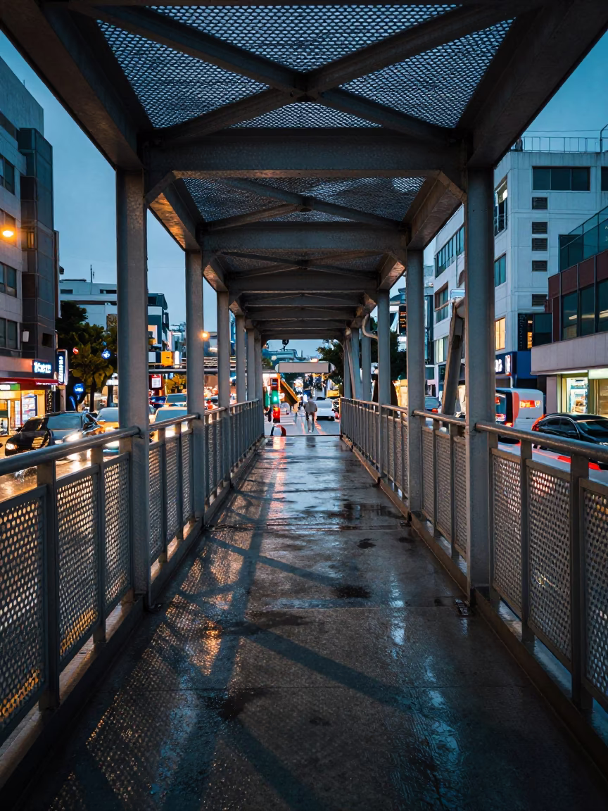 Pedestrian overpass of perforated metal and wet footsteps at twilight in Seoul South Korea in in Seoul, South Korea